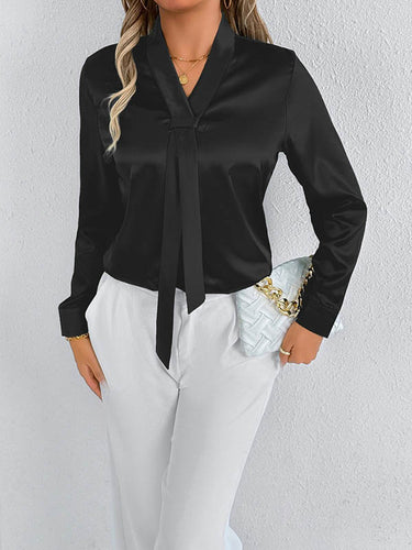 1728971 Long Sleeves Loose Solid Color Split-Joint Streamer Scarf Collar Blouses&Shirts Tops