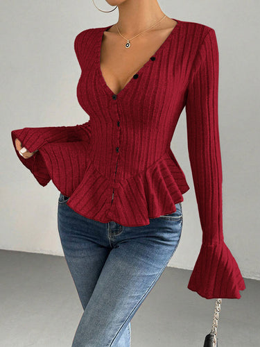 1737291 Flared Sleeves Long Sleeves Buttoned Ruffled Solid Color Split-Joint Deep V-Neck T-Shirts Tops