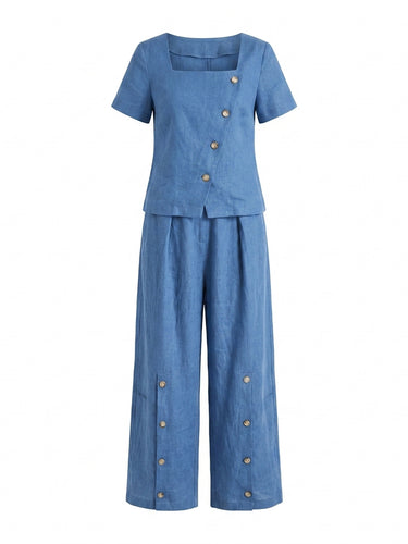 1767795 Pantalon ample à jambes larges et poches boutonnées, couleur unie