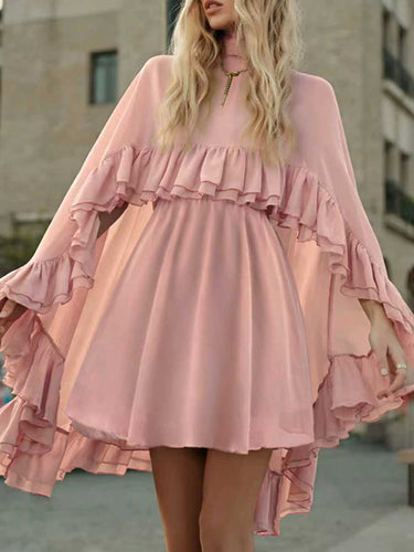 1755957 High Waisted Sleeveless Pleated Ruffled Solid Color Split-Joint Tied Mock Neck Mini Dresses Two Pieces Set