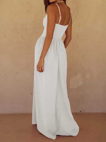1788062 Split-Joint Solid Color Pockets Pleated Backless Sleeveless High Waisted Spaghetti-Neck Midi Dresses