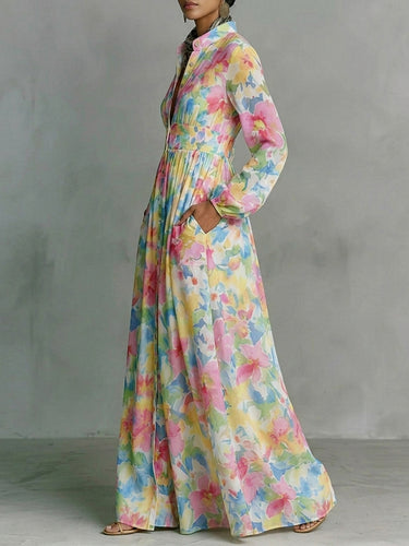 1780593 Long Sleeves Loose Buttoned Pleated Pockets Printed Stand Collar Maxi Dresses