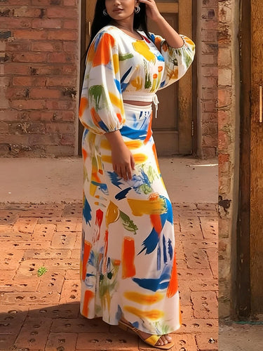 1745646 A-Line Elasticated Waist Contrast Color Graffiti Printed Split-Joint Skirts Bottoms