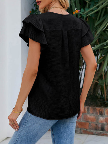 1753309 Blusas de cor sólida com mangas soltas com babados e decote em V texturizado com abertura lateral.&Scamisas Tops