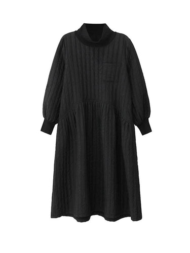 1720221 A-Line Long Sleeves Embossed Pockets Quilted Solid Color Split-Joint High Neck Midi Dresses Sweater Dresses