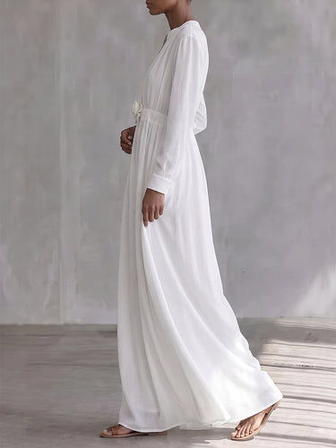 1784423 High Waisted Long Sleeves Elasticity Pleated Pockets Solid Color Three-Dimensional Flower V-Neck Maxi Dresses