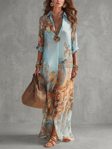 Blue Printed Button-Up Maxi Shirt Dress Uoozee official Blue Printed Button-Up Maxi Shirt Dress Uoozee official