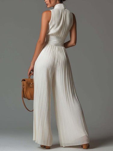 1780813 High Waisted Sleeveless Pleated Solid Color Zipper V-Neck Jumpsuits