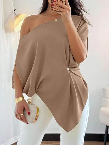 1777421 Batwing Sleeves Loose Asymmetric Knot Solid Color One-Shoulder Blouses&Shirts Tops