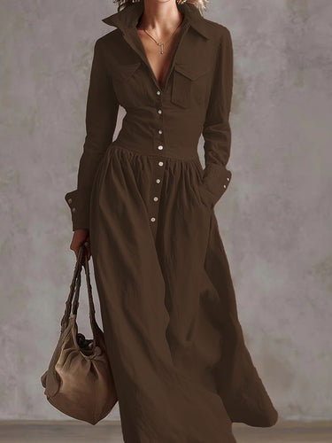 High Waisted Long Sleeves Buttoned Pleated Pockets Solid Color Split-Joint Lapel Maxi Dresses
