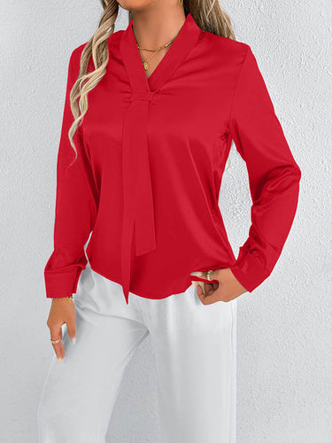 1728982 Long Sleeves Loose Solid Color Split-Joint Streamer Scarf Collar Blouses&Shirts Tops