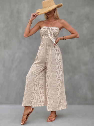 Hoog getailleerde, mouwloze, rugloze, contrastkleurige geplooide, bedrukte split-joint gebonden twist-tube jumpsuits