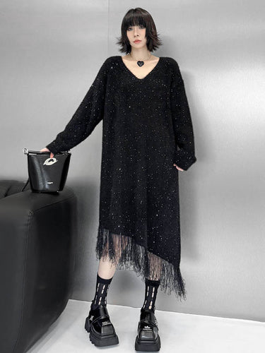 1720295 Irregularity Long Sleeves Contrast Color Sequined Shiny Split-Joint Tasseled V-Neck Midi Dresses Sweater Dresses