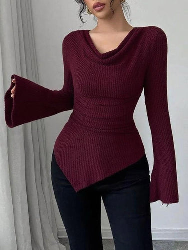 1751294 Uitlopende mouwen Onregelmatigheid Geplooid Geribbeld Gebreid Effen Kleur Hoops Kraag T-shirts Tops