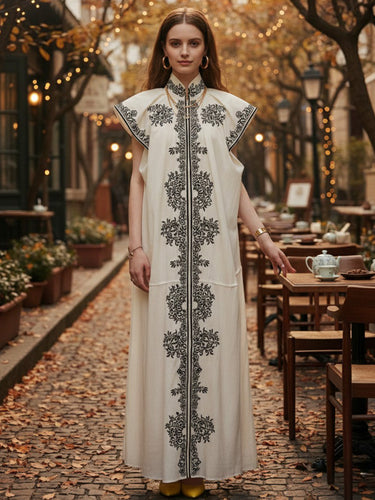 1755577 A-Line Loose Contrast Color Pleated Printed Split-Joint Stand Collar Maxi Dresses