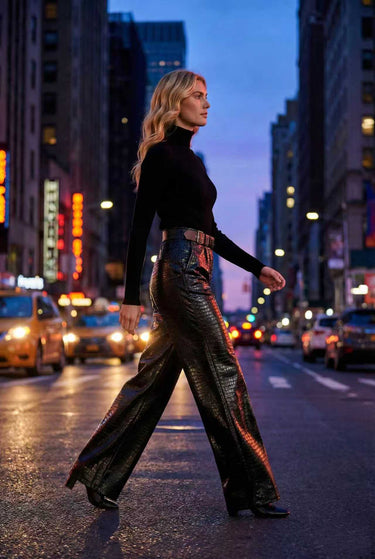 Loose Wide Leg Crocodile Texture Leather Loop Pants