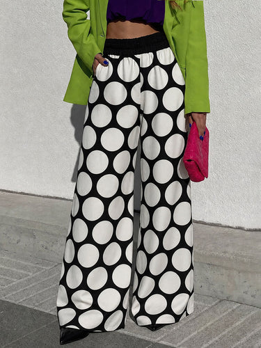 1778515 High Waisted Wide Leg Contrast Color Elasticity Pockets Polka Dot Pants Trousers