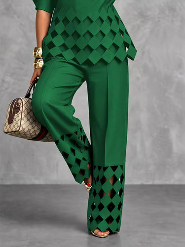 Solid Color Pockets Hollow Wide Leg Loose Trousers Pants