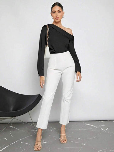 1728977 Long Sleeves Skinny Pleated Solid Color Split-Joint One-Shoulder Blouses&Shirts Tops