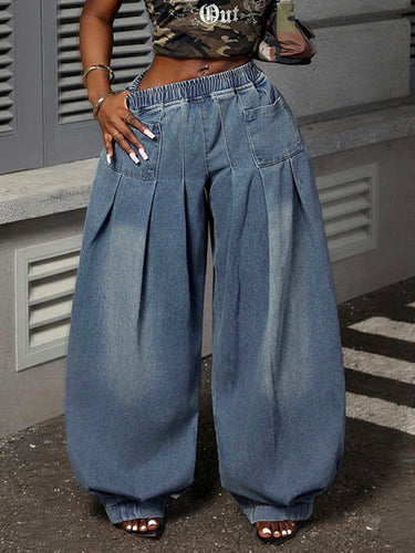 Loose Elasticity Pockets Solid Color Jean Pants Bottoms Trousers
