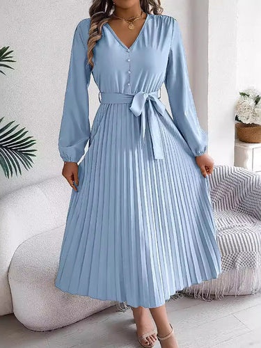 1713842 High Waisted Long Sleeves Belted Buttoned Pleated Solid Color V-Neck Maxi Dresses