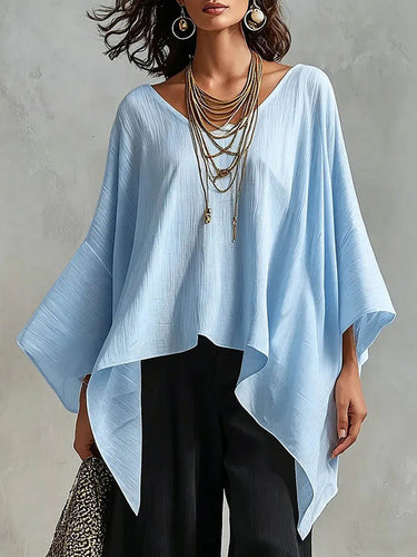 1776160 Long Sleeves Loose Solid Color V-Neck Blouses&Shirts Tops