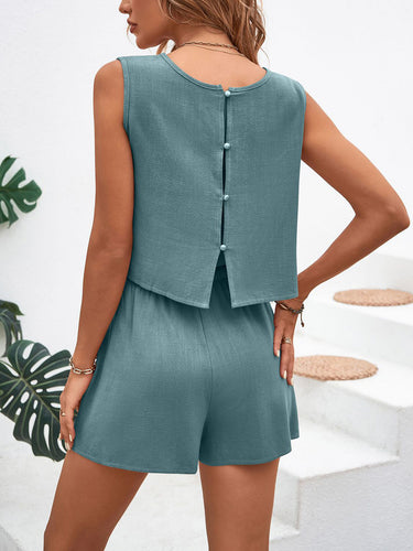 1784275 Loose Sleeveless Buttoned Drawstring Elasticity Pockets Solid Color Round-Neck Shorts Bottoms + Tank Top Two Pieces Set