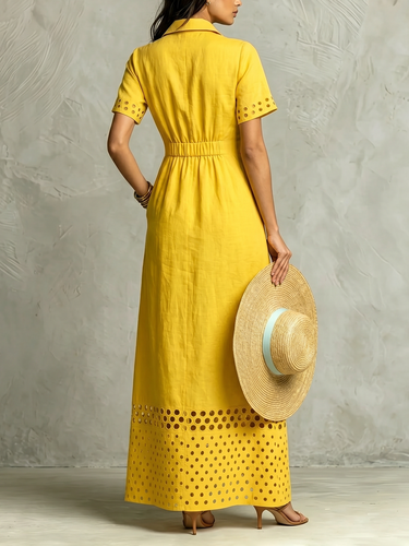 1784091 High Waisted Loose Buttoned Elasticity Hollow Pockets Solid Color Split-Front Lapel Maxi Dresses