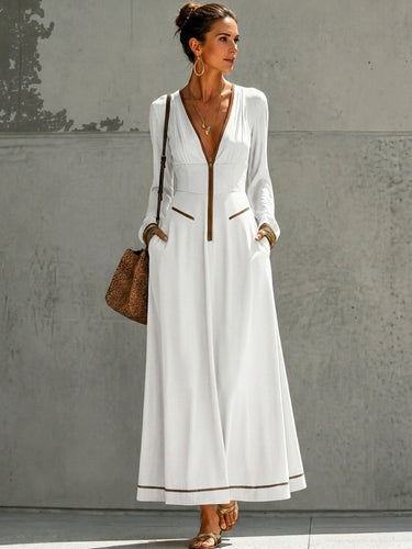 1784551 A-Line High Waisted Pockets Solid Color Zipper Deep V-Neck Maxi Dresses