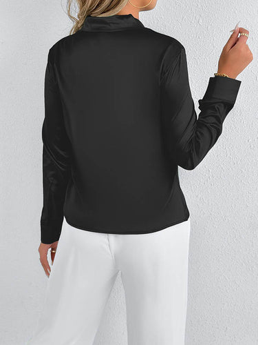 1728980 Long Sleeves Loose Solid Color Split-Joint Streamer Scarf Collar Blouses&Shirts Tops