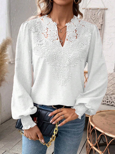 1780419 Balloon Sleeves Long Sleeves Embroidered Hollow Solid Color V-Neck Blouses&Shirts Tops