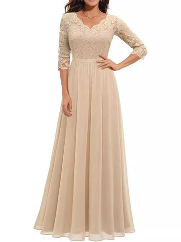 1764392 Robe trapèze taille haute plissée transparente couleur unie col en V fendue