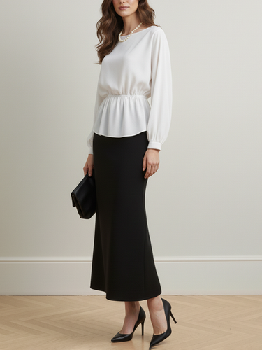 1729666 Long Sleeves Loose Elasticity Solid Color Round-Neck Blouses&Shirts Tops