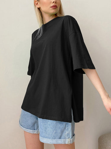 1784037 Loose Short Sleeves Solid Color Split-Side Round-Neck T-Shirts Tops
