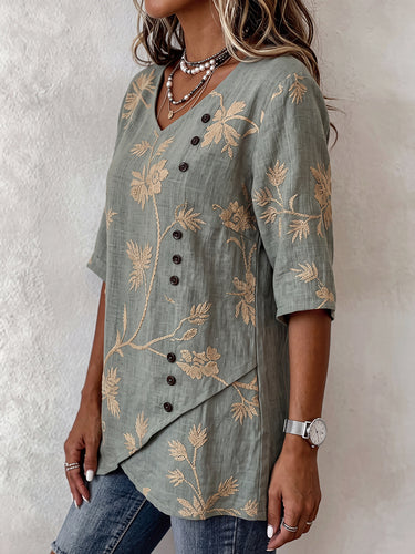 1785890 Half Sleeves Loose Asymmetric Buttoned Flower Print Split-Joint V-Neck T-Shirts Tops