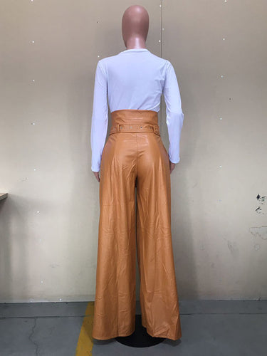 1418114 High Waisted Wide Leg Belted Solid Color Zipper Pants Trousers