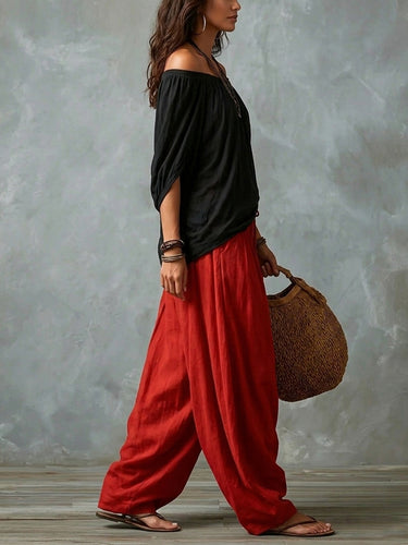 1782834 Pleated Solid Color Off-The-Shoulder Batwing Sleeves Blouses&Shirts Tops + High Waisted Elasticity Pants Trousers Two Pieces Set