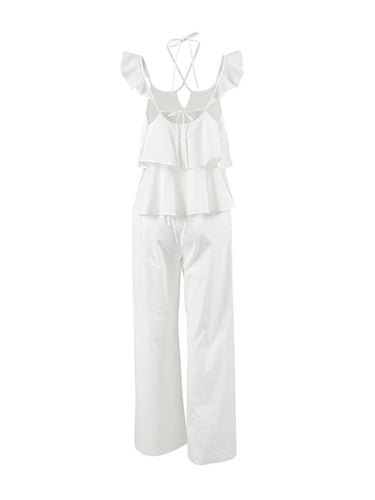 1784241 High Waisted Loose Backless Hollow Pockets Solid Color Split-Joint Halter-Neck Blouses&Shirts Tops Pants Trousers Two Pieces Set