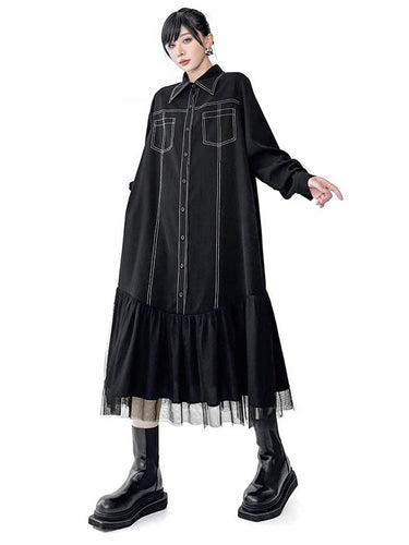 1726292 Irregularity Long Sleeves Asymmetric Buttoned Line Solid Color Split-Joint Lapel Midi Dresses Shirt Dress