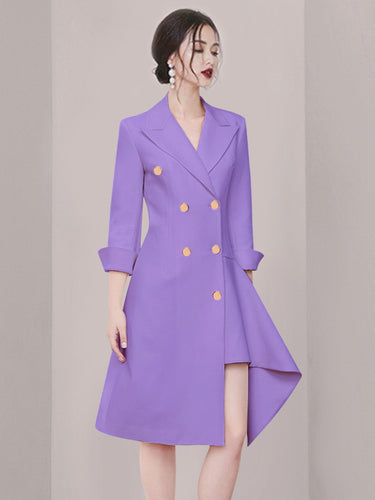 1716925 Irregularity Long Sleeves Asymmetric Buttoned Double-Breasted Solid Color Split-Joint Peaked Collar Blazer Mini Dresses