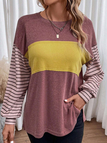 1747726 Long Sleeves Loose Contrast Color Split-Joint Striped Round-Neck Blouses&Shirts Tops