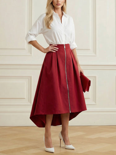 1735570 A-Line High-Low Pleated Pockets Solid Color Zipper Skirts Bottoms