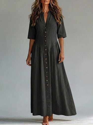 1785832 Half Sleeves Puff Sleeves Buttoned Pleated Solid Color Split-Joint Deep V-Neck Maxi Dresses
