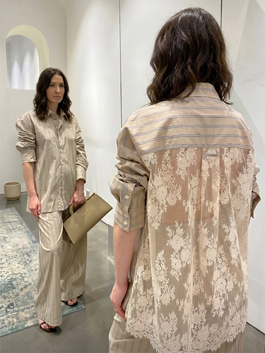 1784677 High-Low Long Sleeves Buttoned Pockets See-Through Split-Joint Striped Lapel Blouses&Shirts Tops