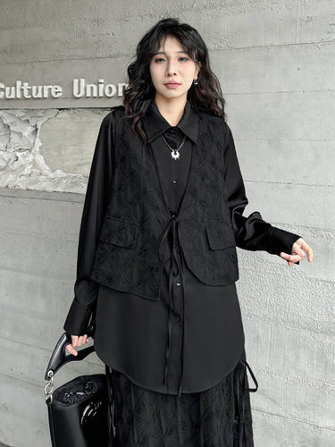 1726268 Solid Color Split-Joint Asymmetric Drawstring Flower Print   False Two Lapel Buttoned Pockets Blouses&Shirts Tops + Elasticated Waist Double Layered Skirts Bottoms Two Pieces Set