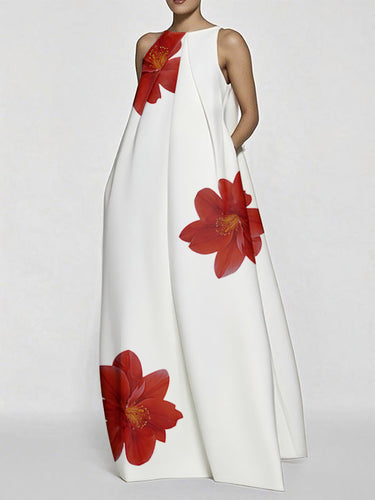 A-lineのノースリーブ非対称の花の印刷されたスプリットジョイントラウンドネックマキシドレス