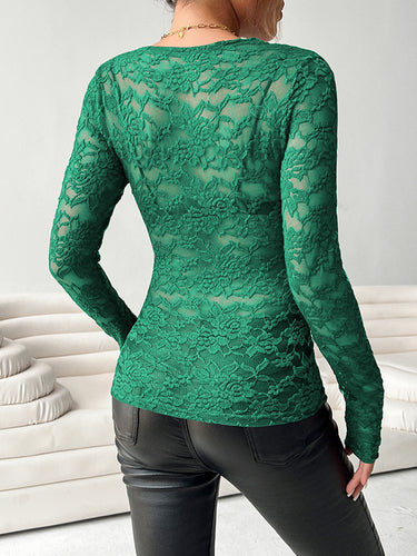 1715816 Long Sleeves Skinny See-Through Solid Color Deep V-Neck T-Shirts