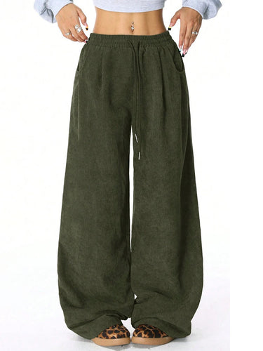 1734587 High Waisted Wide Leg Drawstring Elasticity Pockets Solid Color Pants Trousers