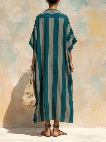 1785040 Half Sleeves Loose Buttoned Contrast Color Pockets Striped Lapel Maxi Dresses