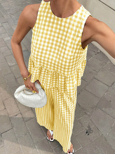 1768652 A-Line Loose Plaid Pleated Split-Joint Round-Neck Vest Top + Pants Bottom Suits